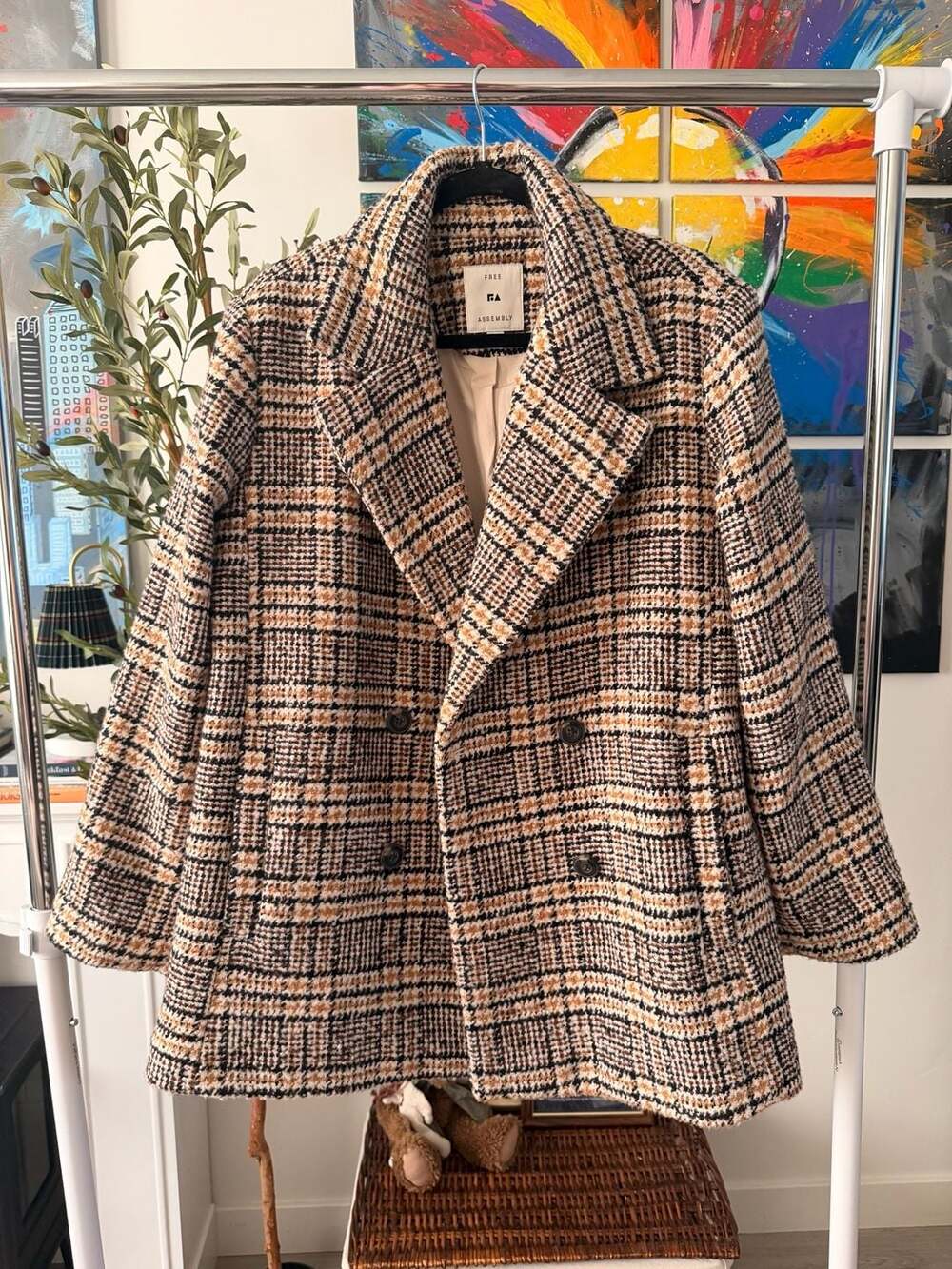 Women's Brown & Beige Plaid Double-Breasted Pea Coat, Size XL